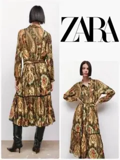 【完売】美品✨ZARA ザラ ペイズリー柄 ロングワンピース ベルト付 インド製