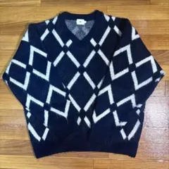 FTW ネイビー 紺色ダイヤモンドパターン Vネックセーター モヘアニット
