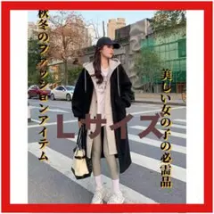 フード付きレイヤード風ロングコート グレー Lサイズのサムネイル