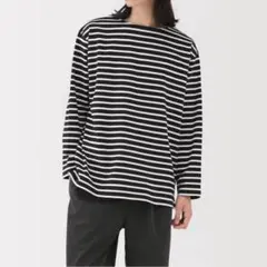 無印良品　洗いざらし太番手ボートネック九分袖Tシャツ　紳士L/黒ボーダー