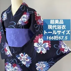 超美品 綿 現代浴衣 夏物 着物 166裄65.5 黒 ピンク 水色 松 個性的