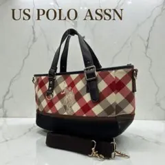 【極美品】USポロアッスン チェック柄 2WAYトートバッグ ショルダー付