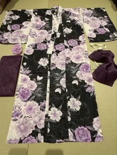女児 浴衣・作り帯セット 黒紫花柄 140cm
