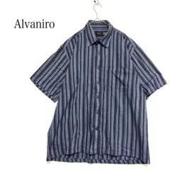 アルヴァニーロ ストライプ半袖シャツ 薄手 綿麻 LL ネイビー