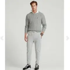 ポロラルフローレン コットンケーブルニット L グレー クルーネック ポニー刺繍