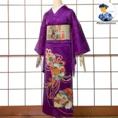 色留袖 一つ紋 正絹 金彩 花薬玉 紫 アンティーク着物 A-2458