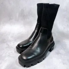 ☆美品☆【ザラ】ソックスブーツ (37) 厚底　トラックソール　レザー　ブラック