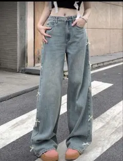 リボン付きライトブルーデニムパンツ