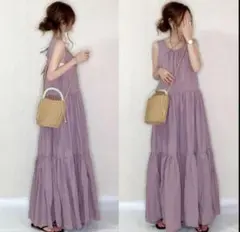 パープル　紫　ノースリーブ　ワンピース　フリル　リボン　妊婦　夏　重ね着　可愛い