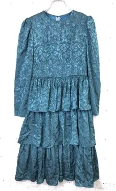 エレガント オールド ヴィンテージ 花柄織 ティアードフリル切替 長袖 ドレス