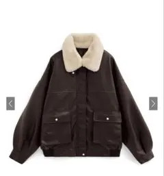 GRL ファーティペット付きレザーブルゾン ブラウン
