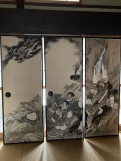 一点物 両面絵 四曲屏風 山水画 双鶴図 木彫細工 卓上衝立 茶席飾りインテリア 一点物 両面絵 四曲屏風 山水画 双鶴図 木彫細工 卓上衝立 茶席飾り