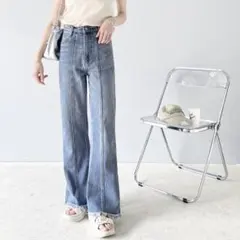 classical elf 裾フリンジセミフレアデニムパンツ　ブルー