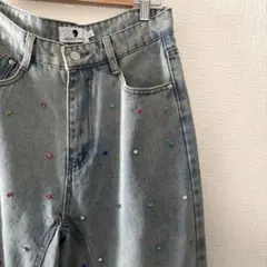 ライトブルー　ワイドデニムパンツ　ラインストーン　Y2K バギーパンツ　00s