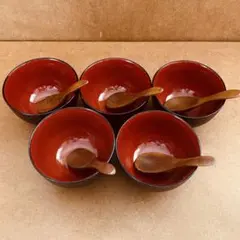 漆器風 汁椀5客 ＋ 木製スプーン5本 セット 和食器 赤黒 内朱 お雑煮に！
