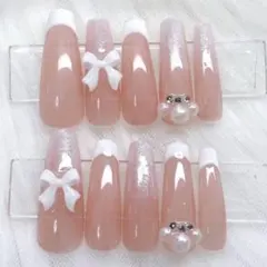ギャル　ロングネイルチップ　韓国　ワンホン　リボン　白　ベイビーブーマー