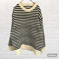 10529 WORKMAN+ワークマン女子ボーダーニット　セーターM 洗える古着