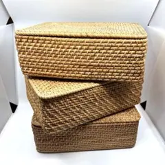 【無印良品】重なるラタン長方形バスケット小 フタ付き 3セットのサムネイル