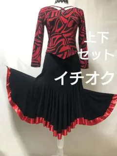 社交ダンス練習着レッスン着パーティ。イチオク裾サテンリボンスカートトップスセットのサムネイル