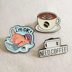 猫とコーヒー ブローチ新品セット ピンバッジ