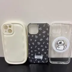 iPhone14用スマホケース クリーム色 花柄 猫イラスト 3点セット