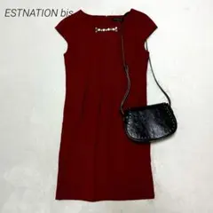 美品✨エストネーションビス/フレンチスリーブビジューパール付きワンピース/タックのサムネイル