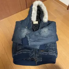 Perushuヴィンテージライクデニムフードファーブルゾン