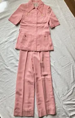 昭和レトロ サーモンピンクセットアップ 半袖 9号 日本製 ヴィンテージ 難あり