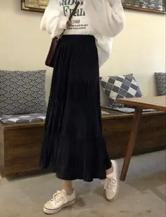 コーデュロイ ティアードロングスカート ブラック