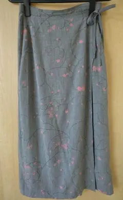 グレー 花柄刺繍 ロングスカート サイドリボン