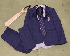 ワンダーファクトリーネイビー チェック柄 スーツ ベストネクタイ付き1回着用のみ