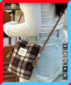 チェック柄フリーススマホショルダーバッグ