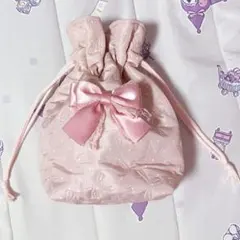 リボン付き ピンク 巾着ポーチ