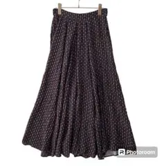 ルメランジェ✨リネン混 ロングフレアスカート 花柄 リボン付き ネイビー系 F