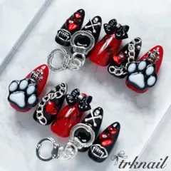 050オーダーネイルチップ　地雷系　メンカラ　推し　ブラック　レッド　ゴテゴテ