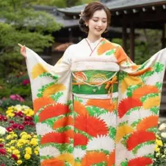 振袖　完全フルセット　25点　成人式　結婚式　前撮り　白　ホワイト　オレンジ　緑