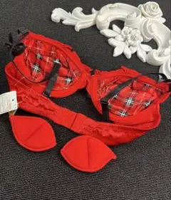 エメフィール　完売モデル　情熱なレッドチェック柄 フリル付きブラジャー　サテン