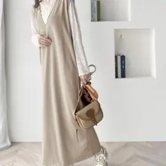 【classicalelf】 グレイッシュベージュ M ロングジャンパースカート