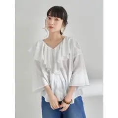 earth music&ecology フリルブラウス 白 シフォン 七分袖春夏