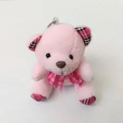 くま ぬいぐるみ キーホルダー ピンク チェック柄 リボン付き