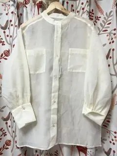 新品　シアー バンドカラー 長袖 シャツ ブラウス　LL XL アイボリー