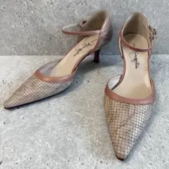 銀座かねまつ ストラップパンプス ポインテッド トゥ 23cm クロコ調 ピンク