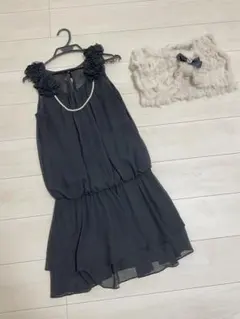 結婚式謝恩会に♡お呼ばれドレスラビットファー付き♡ブラックパーティードレス 黒