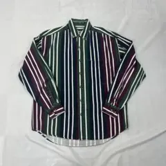 【身幅65】マルチストライプ BDシャツ 緑赤白 ビッグサイズ 雰囲気系 訳あり