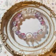 グラデーションビーズブレスレット パール フェザーチャーム付き