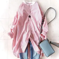 美品 イエナ 洗える　ストライプ　バンドカラーシャツ オーバーサイズ ピンク