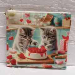 フラットポーチ　ハンドメイド　猫ちゃんポーチ　お菓子作り④ 両面パネル生地