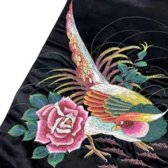 アンティーク帯 名古屋帯 手描き バラと鳥 黒繻子 AO-3074