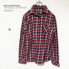 【アースミュージック】 赤系　チェック柄　ネルシャツ　カジュアル　アウトドア　M