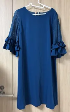 ダークブルー フリル付きレース袖 パーティードレス　オケージョンドレス